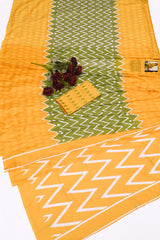 Handloom Cotton Mustard & Olive Green Ikat Print Saree with Geometric Blouse Piece