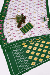 Elegant White & Forest Green Pochampally Ikat Print Cotton Saree with Collared Halter Blouse