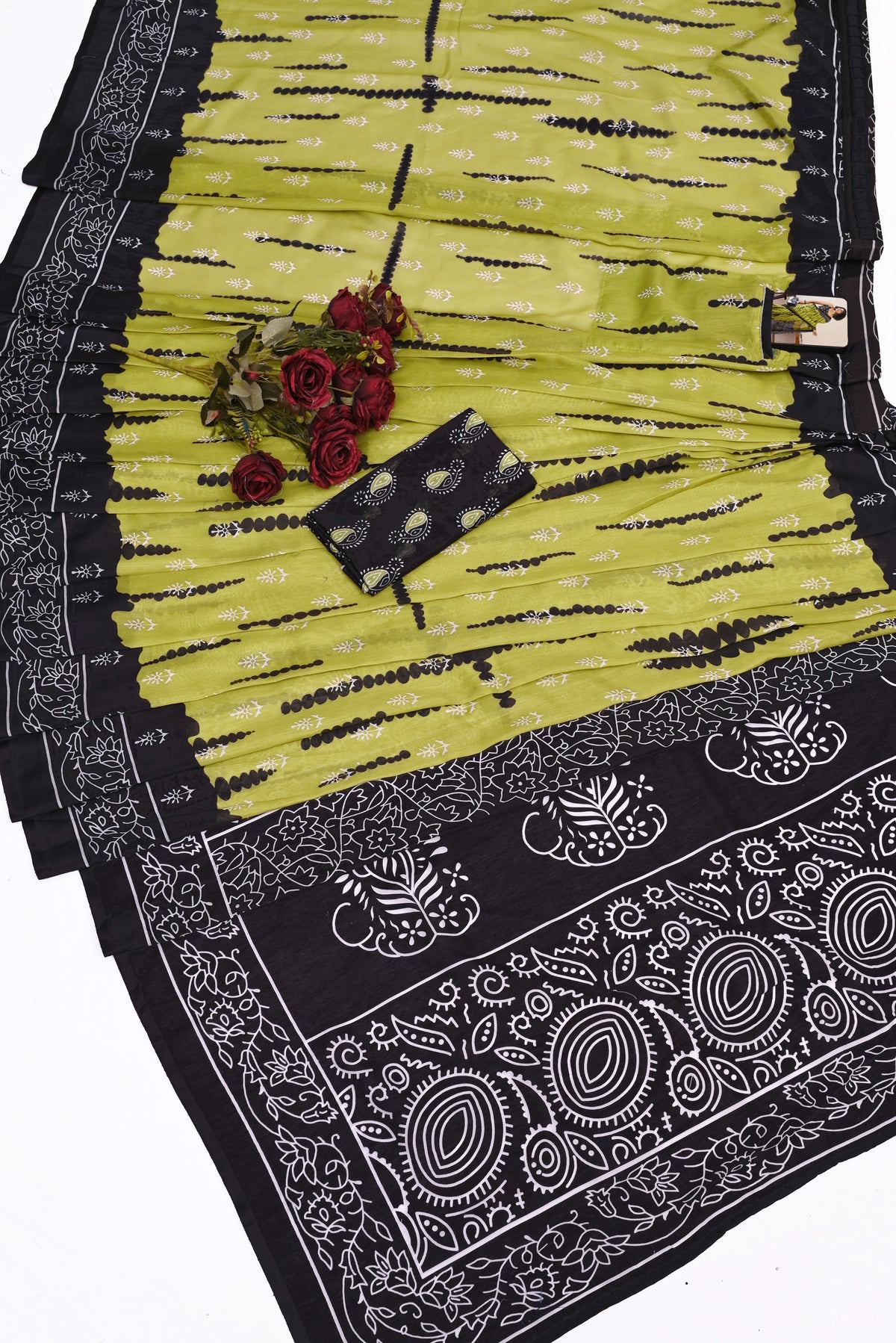 Hand-Block Printed Lime Green & Black Mulmul Cotton Saree with Sleeveless Printed Blouse