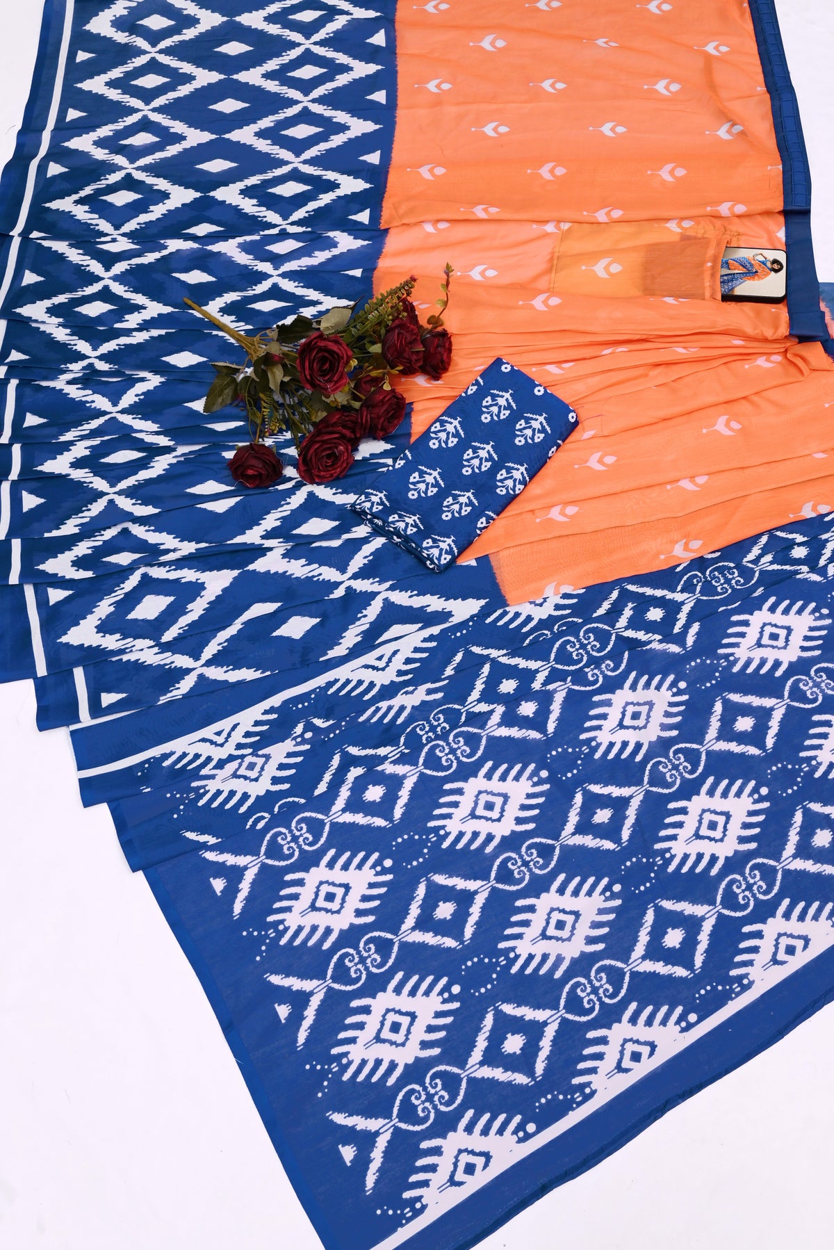 Handloom Linen Ikat Saree in Vibrant Orange & Indigo Blue | Ethnic Geometric Weave with Matching Sleeveless Blouse