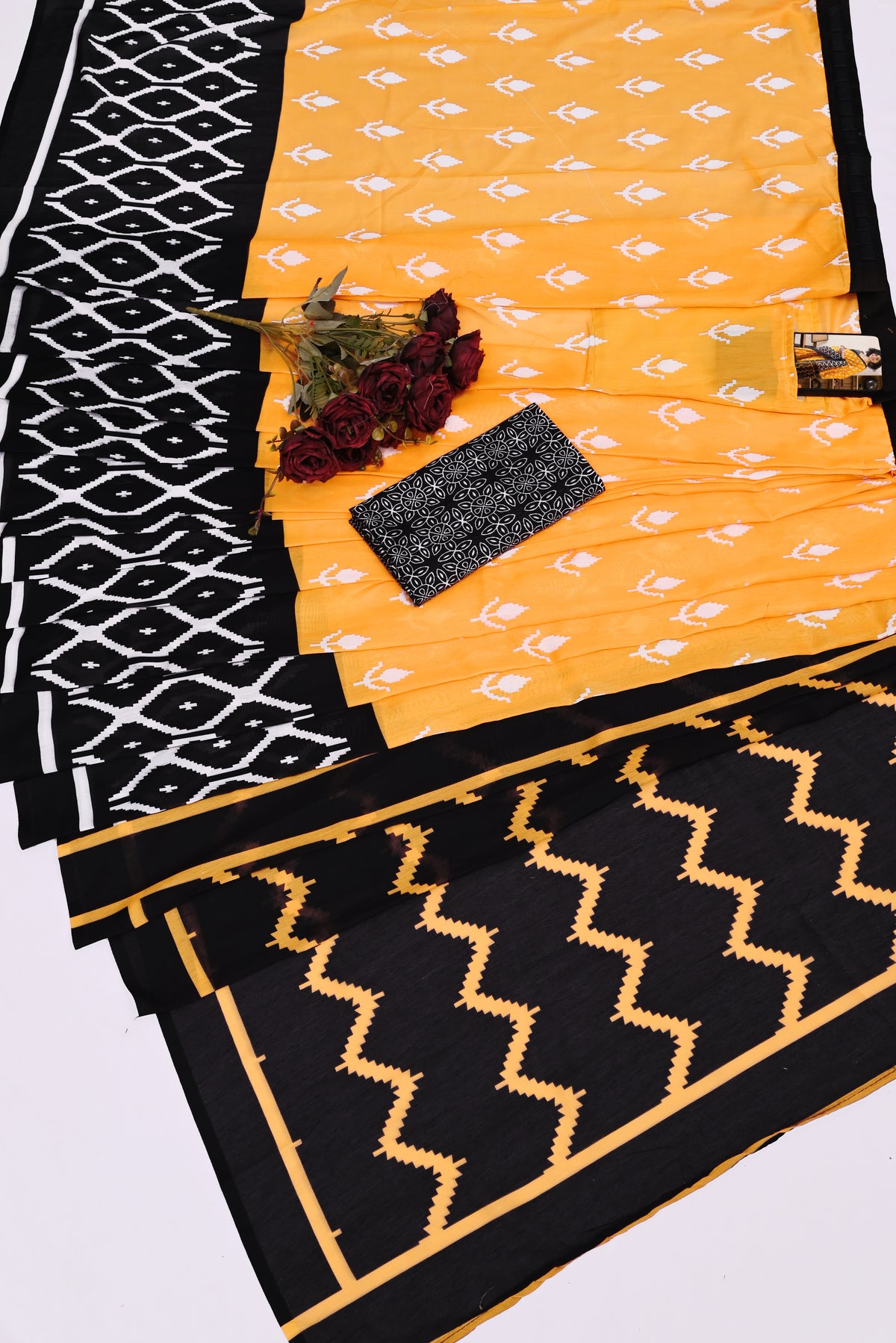 Mustard Yellow & Charcoal Black Hand-Block Print Cotton Saree
