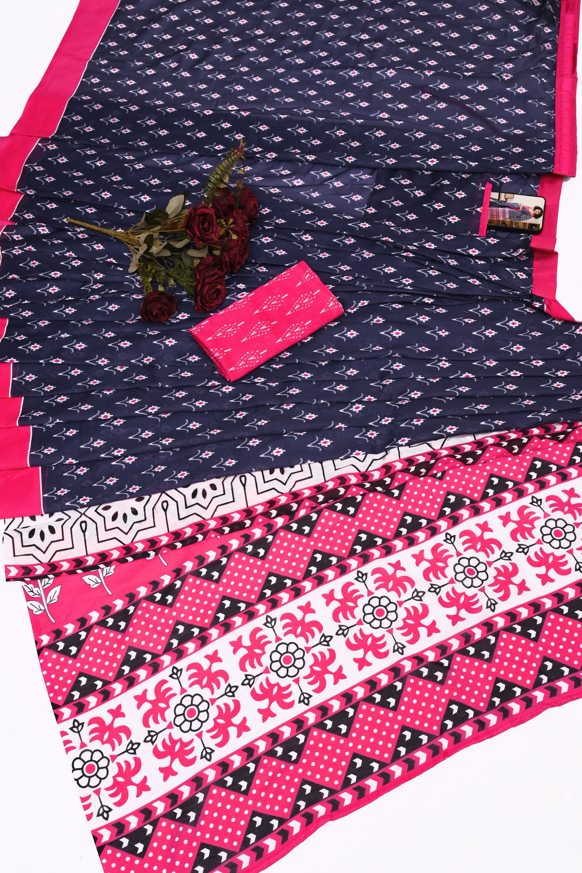 Elegant Slate Grey and Pink Cotton Saree | Geometric Handblock Print with Contrast Blouse