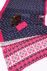 Elegant Slate Grey and Pink Cotton Saree | Geometric Handblock Print with Contrast Blouse
