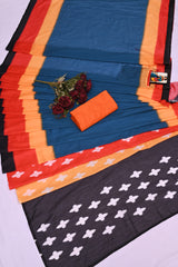 Handcrafted Mul Cotton Saree with Shibori Tie-Dye & Ikat Border – Teal, Mustard & Crimson