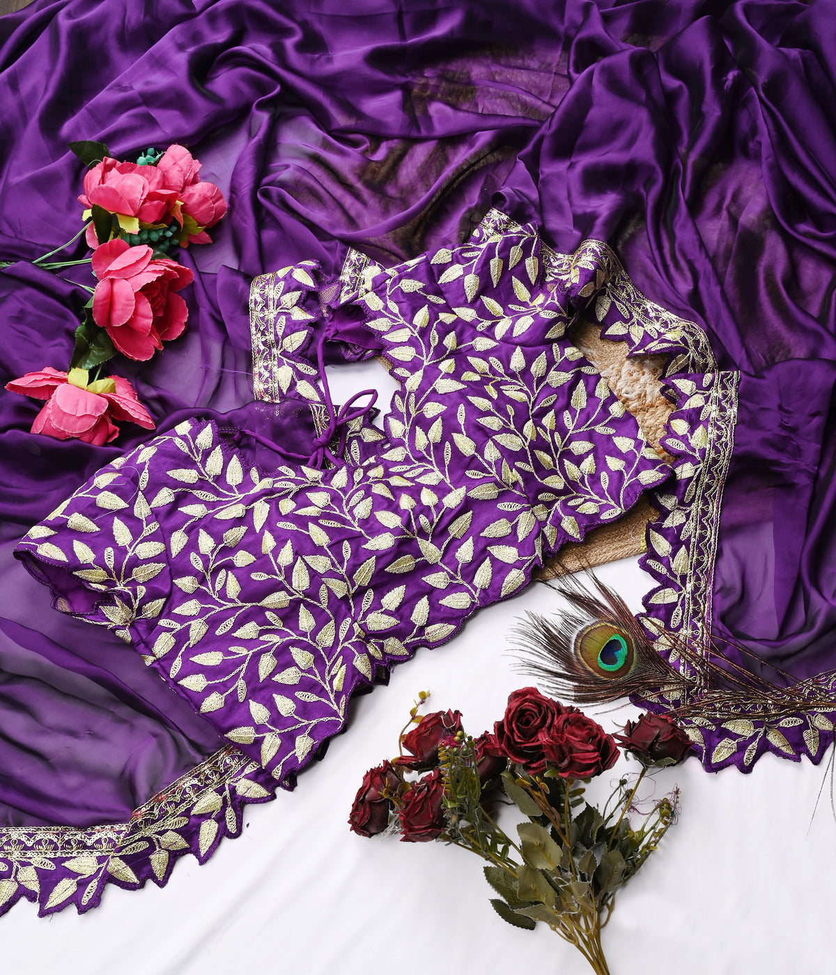Jambun Purple Silk Saree with Heavy Zari Leaf Embroidery & Scalloped Border Designer Blouse Set