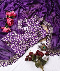 Jambun Purple Silk Saree with Heavy Zari Leaf Embroidery & Scalloped Border Designer Blouse Set
