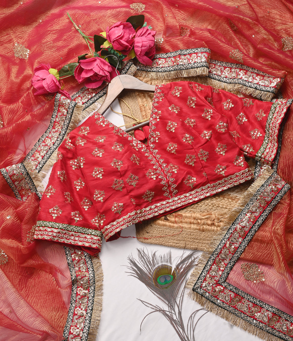 Red Tameti Colour Gold Crush Saree with Heavy Embroidered Blouse and Sequin Border Work