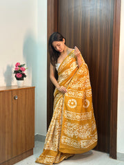 Mustard Yellow & Cream Hand-Block Batik Print Saree in Soft Cotton