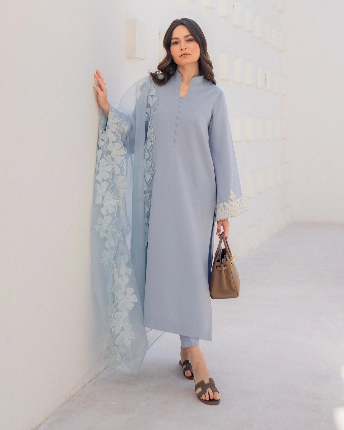 Pastel Blue Straight Kurta Pant Set with Embroidered Organza Dupatta