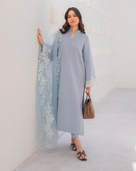 Pastel Blue Straight Kurta Pant Set with Embroidered Organza Dupatta