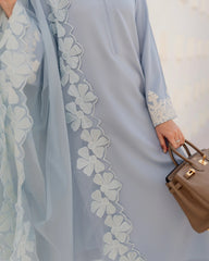 Pastel Blue Straight Kurta Pant Set with Embroidered Organza Dupatta