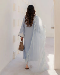 Pastel Blue Straight Kurta Pant Set with Embroidered Organza Dupatta