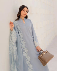 Pastel Blue Straight Kurta Pant Set with Embroidered Organza Dupatta