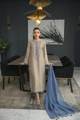 Elegant Beige Chanderi Silk Salwar Suit with Embroidered Neck & Blue Dupatta