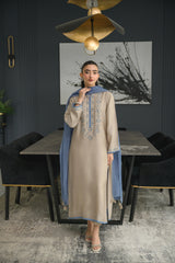 Elegant Beige Chanderi Silk Salwar Suit with Embroidered Neck & Blue Dupatta