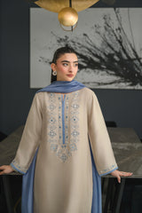 Elegant Beige Chanderi Silk Salwar Suit with Embroidered Neck & Blue Dupatta