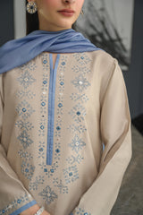 Elegant Beige Chanderi Silk Salwar Suit with Embroidered Neck & Blue Dupatta