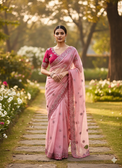 Pink Saree & Rani Embroidered Blouse – Heavy Zari & Zarkhan Diamond