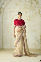 Cream Tissue Silk Saree with Ruby Red -Embroidered Blouse Set