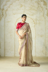 Cream Tissue Silk Saree with Ruby Red -Embroidered Blouse Set
