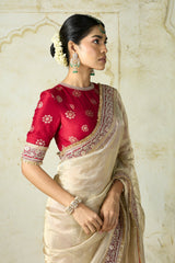 Cream Tissue Silk Saree with Ruby Red -Embroidered Blouse Set