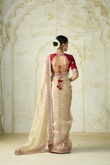 Cream Tissue Silk Saree with Ruby Red -Embroidered Blouse Set