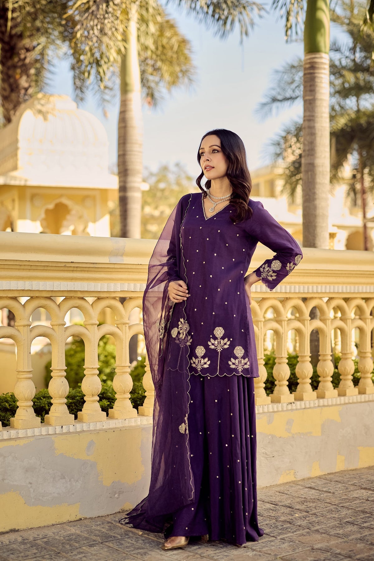 Elegant Deep Purple Embroidered Sharara Set with Scalloped Dupatta