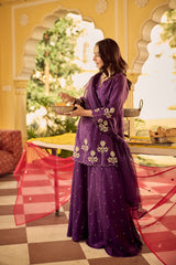Elegant Deep Purple Embroidered Sharara Set with Scalloped Dupatta