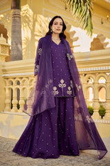 Elegant Deep Purple Embroidered Sharara Set with Scalloped Dupatta