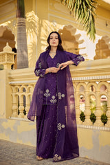Elegant Deep Purple Embroidered Sharara Set with Scalloped Dupatta