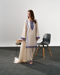 Off-White Embroidered Kurta Set for Women - Royal Blue Thread Work Kurti with Pants