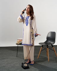 Off-White Embroidered Kurta Set for Women - Royal Blue Thread Work Kurti with Pants