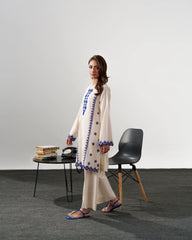 Off-White Embroidered Kurta Set for Women - Royal Blue Thread Work Kurti with Pants