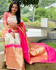 Radiance in Silk: Dual-Tone Cream and Hot Pink Festive Saree