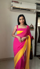 Vibrant Magenta & Yellow Chiffon Saree with Sleek Sleeveless Blouse