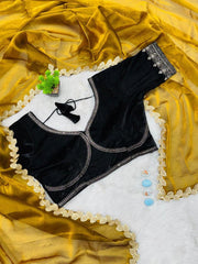 Designer Mustard Fendy Silk Saree with Premium Black Velvet Hand-Work Blouse