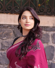 Elegant Magenta Hand-Block Leaf Print Saree in Soft Georgette – Includes Minimalist Black Half-Sleeve Blouse