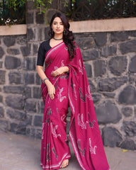 Elegant Magenta Hand-Block Leaf Print Saree in Soft Georgette – Includes Minimalist Black Half-Sleeve Blouse