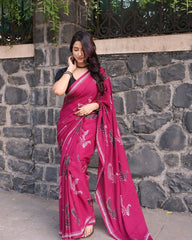 Elegant Magenta Hand-Block Leaf Print Saree in Soft Georgette – Includes Minimalist Black Half-Sleeve Blouse