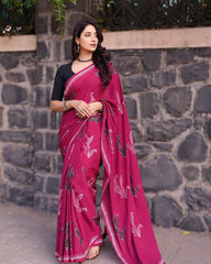 Elegant Magenta Hand-Block Leaf Print Saree in Soft Georgette – Includes Minimalist Black Half-Sleeve Blouse