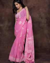Blush Pink Mulmul Cotton Saree with Hand-Block Print & Classic Border
