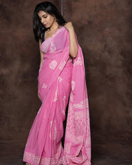 Blush Pink Mulmul Cotton Saree with Hand-Block Print & Classic Border
