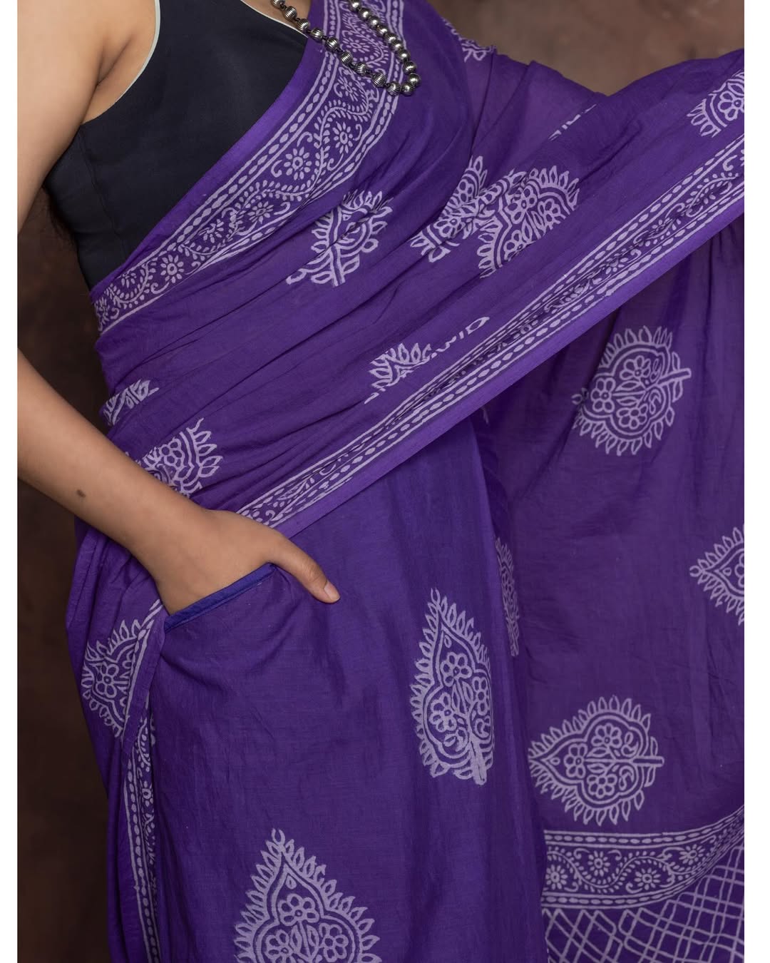 Royal Violet Hand-Block Printed Cotton Saree with Practical Side Pocket