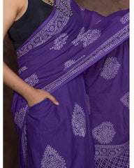 Royal Violet Hand-Block Printed Cotton Saree with Practical Side Pocket