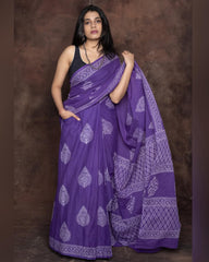 Royal Violet Hand-Block Printed Cotton Saree with Practical Side Pocket