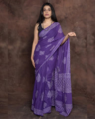 Royal Violet Hand-Block Printed Cotton Saree with Practical Side Pocket
