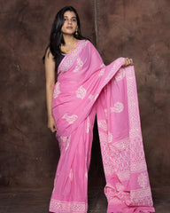 Blush Pink Mulmul Cotton Saree with Hand-Block Print & Classic Border