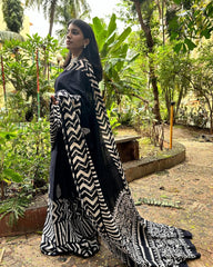 Midnight Black Chevron Hand-Block Cotton Saree