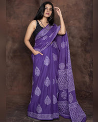 Royal Violet Hand-Block Printed Cotton Saree with Practical Side Pocket