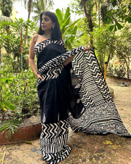 Midnight Black Chevron Hand-Block Cotton Saree